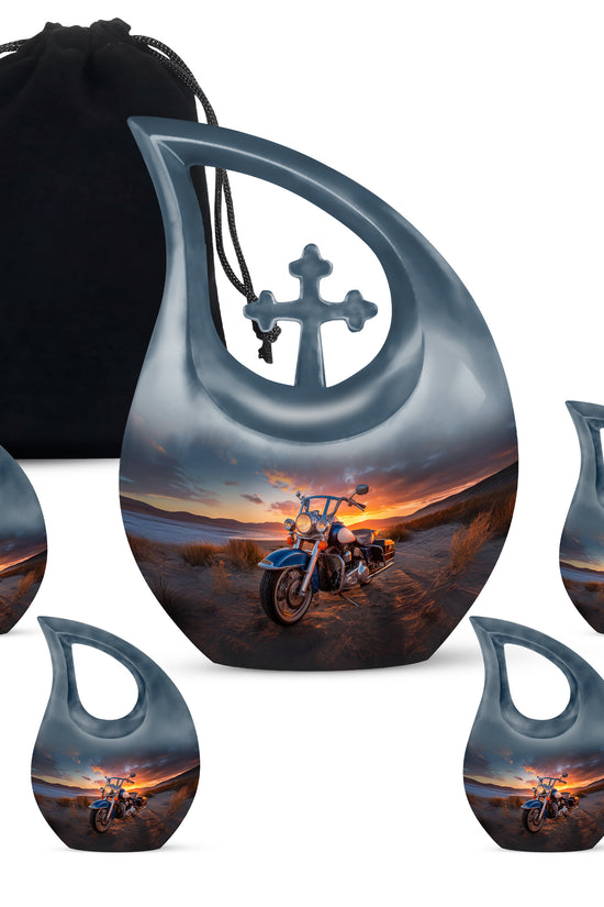 Ebony Bike Cremation Urn urn with complimentary velvet bag - sacred cross merged with bike motif on metal - memorial set with one large and four small urns
