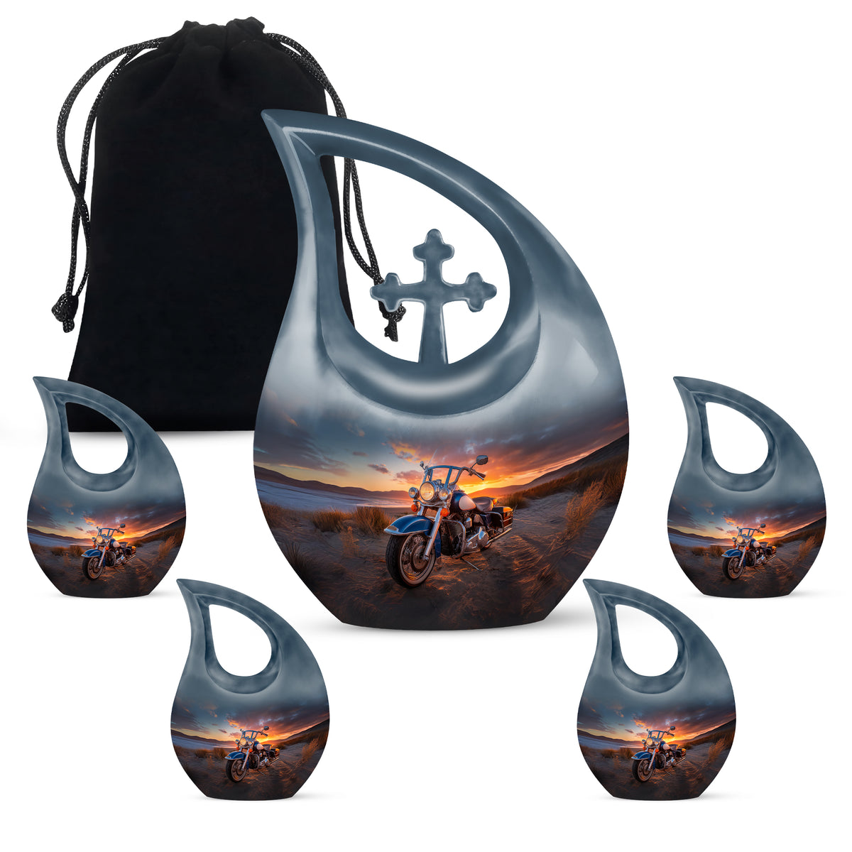 Ebony Bike Cremation Urn urn with complimentary velvet bag - sacred cross merged with bike motif on metal - memorial set with one large and four small urns