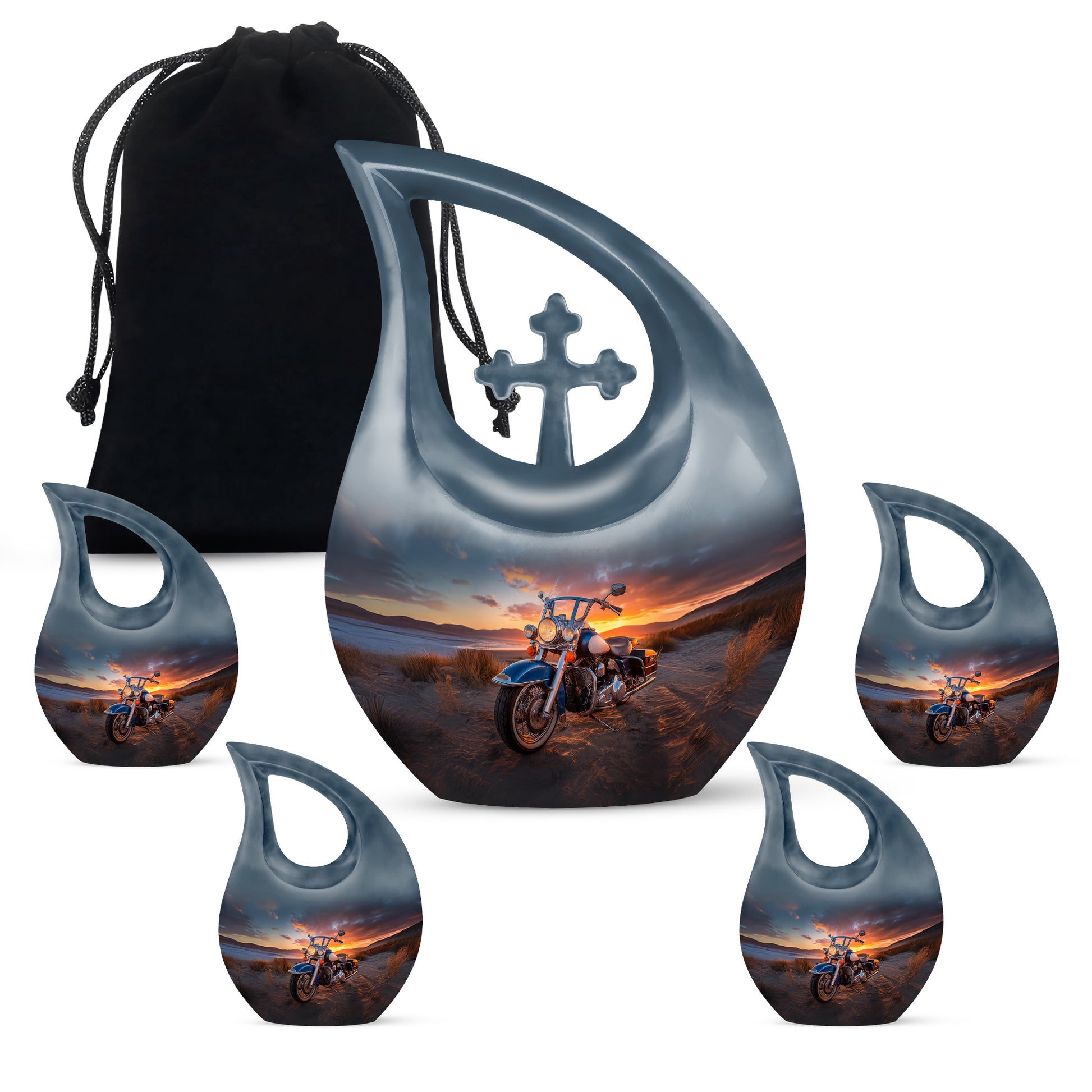 Ebony Bike Cremation Urn urn with complimentary velvet bag - sacred cross merged with bike motif on metal - memorial set with one large and four small urns