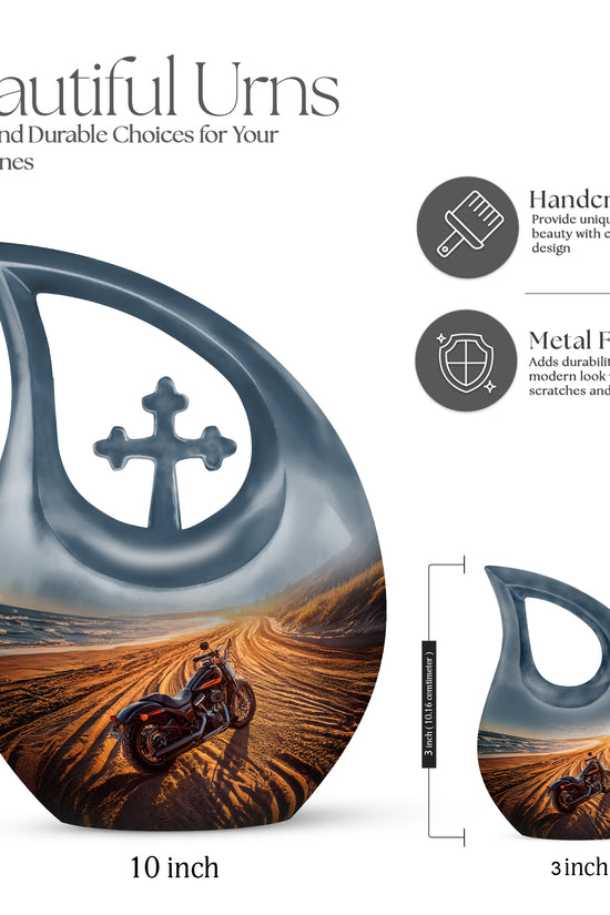 Ash Gray Bike Cremation Urn back view with polished surface - faith-inspired cross-drop urn with bike pattern - mini keepsake memorial for portion of cremation ashes