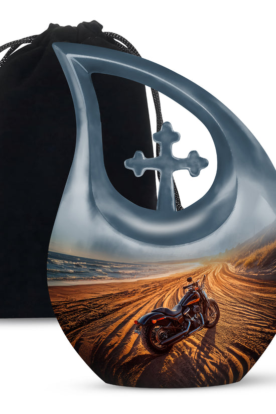 Silver Gray Bike Cremation Urn top-down view of secure threaded lid - sacred cross merged with bike motif on metal - full-size 10 inch 200 cubic inch adult cremation urn