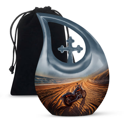 Silver Gray Bike Cremation Urn top-down view of secure threaded lid - sacred cross merged with bike motif on metal - full-size 10 inch 200 cubic inch adult cremation urn