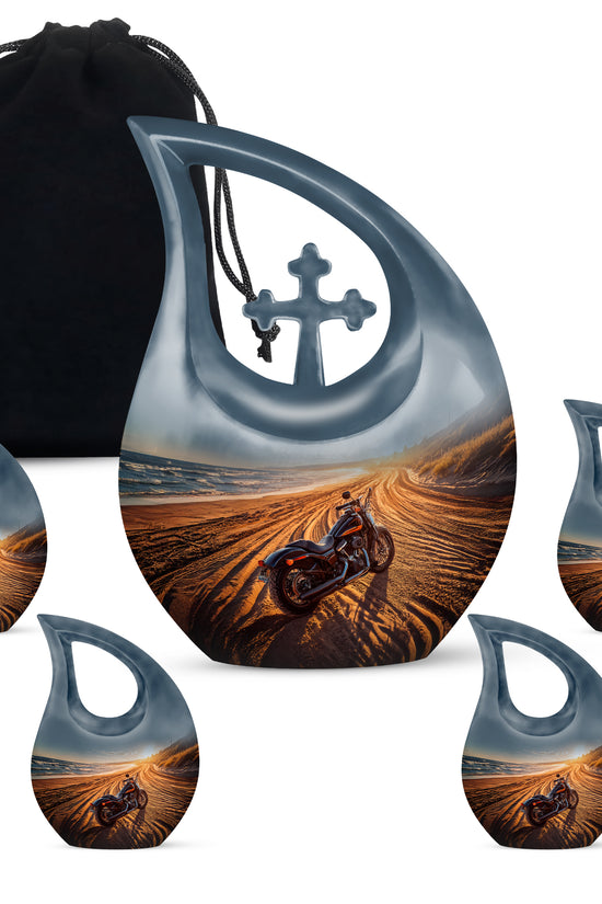 Charcoal Gray Bike Cremation Urn urn with complimentary velvet bag - cross and bike combined in spiritual memorial design - memorial set with one large and four small urns