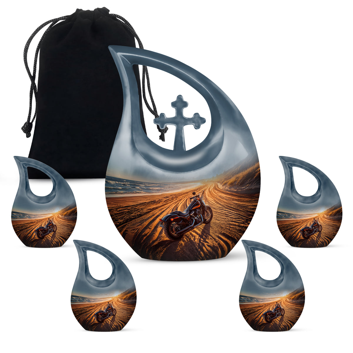 Charcoal Gray Bike Cremation Urn urn with complimentary velvet bag - cross and bike combined in spiritual memorial design - memorial set with one large and four small urns