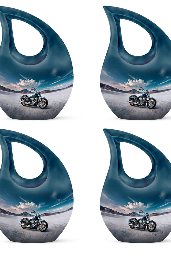 Cornflower Blue Bike Cremation Urn lifestyle display on memorial shelf - devotional cross-drop bike engraving - 10 inch aluminum urn for cremated remains