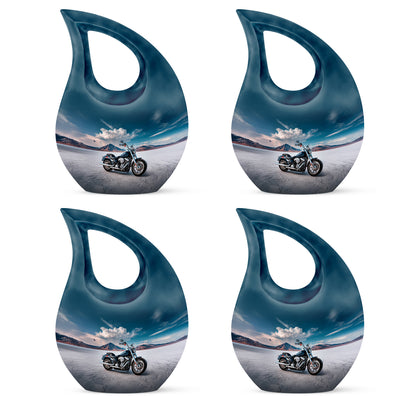 Cornflower Blue Bike Cremation Urn lifestyle display on memorial shelf - devotional cross-drop bike engraving - 10 inch aluminum urn for cremated remains