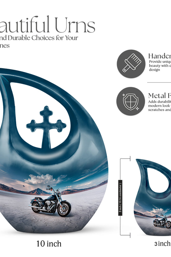 Serene Blue Bike Cremation Urn back view with polished surface - devotional cross-drop bike engraving - mini keepsake memorial for portion of cremation ashes