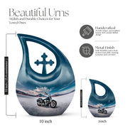 Serene Blue Bike Cremation Urn back view with polished surface - devotional cross-drop bike engraving - mini keepsake memorial for portion of cremation ashes