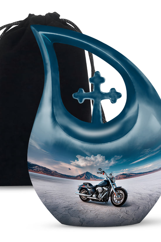 Serene Blue Bike Cremation Urn top-down view of secure threaded lid - faith-inspired cross-drop urn with bike pattern - full-size 10 inch 200 cubic inch adult cremation urn