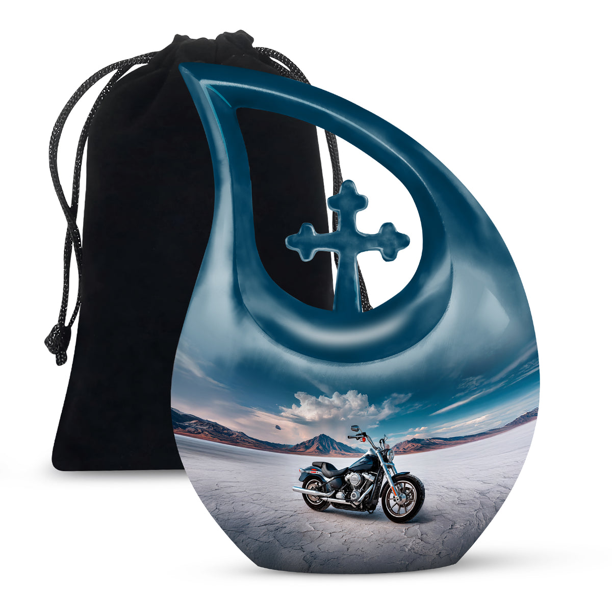Serene Blue Bike Cremation Urn top-down view of secure threaded lid - faith-inspired cross-drop urn with bike pattern - full-size 10 inch 200 cubic inch adult cremation urn