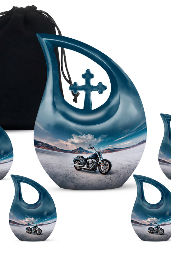 Azure Bike Cremation Urn urn with complimentary velvet bag - sacred cross merged with bike motif on metal - memorial set with one large and four small urns