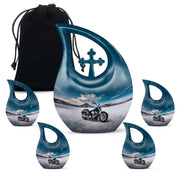 Azure Bike Cremation Urn urn with complimentary velvet bag - sacred cross merged with bike motif on metal - memorial set with one large and four small urns