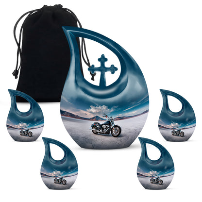 Azure Bike Cremation Urn urn with complimentary velvet bag - sacred cross merged with bike motif on metal - memorial set with one large and four small urns