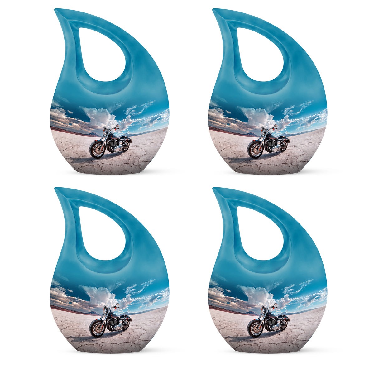 Indigo Bike Cremation Urn lifestyle display on memorial shelf - sacred cross merged with bike motif on metal - 10 inch aluminum urn for cremated remains