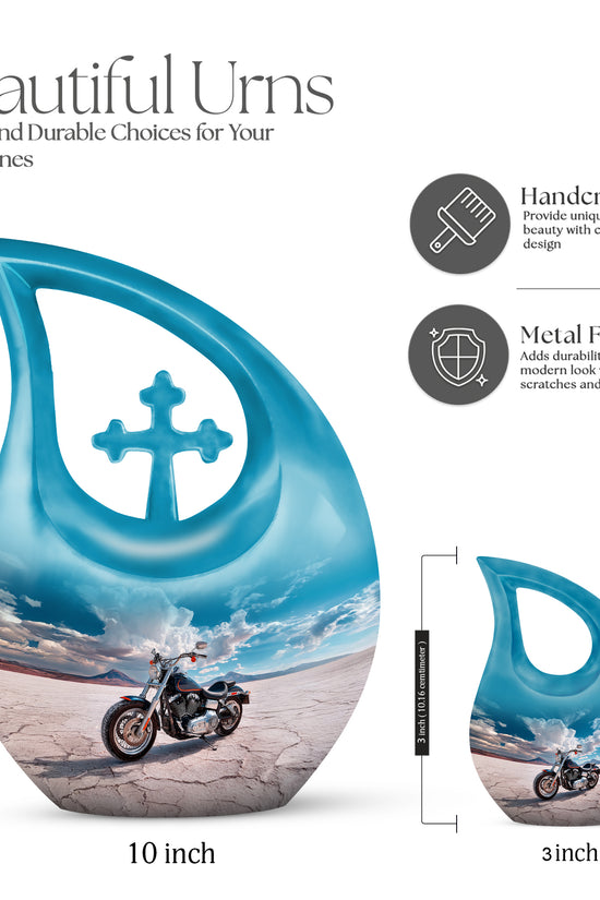 Icy Blue Bike Cremation Urn back view with polished surface - cross and bike combined in spiritual memorial design - mini keepsake memorial for portion of cremation ashes