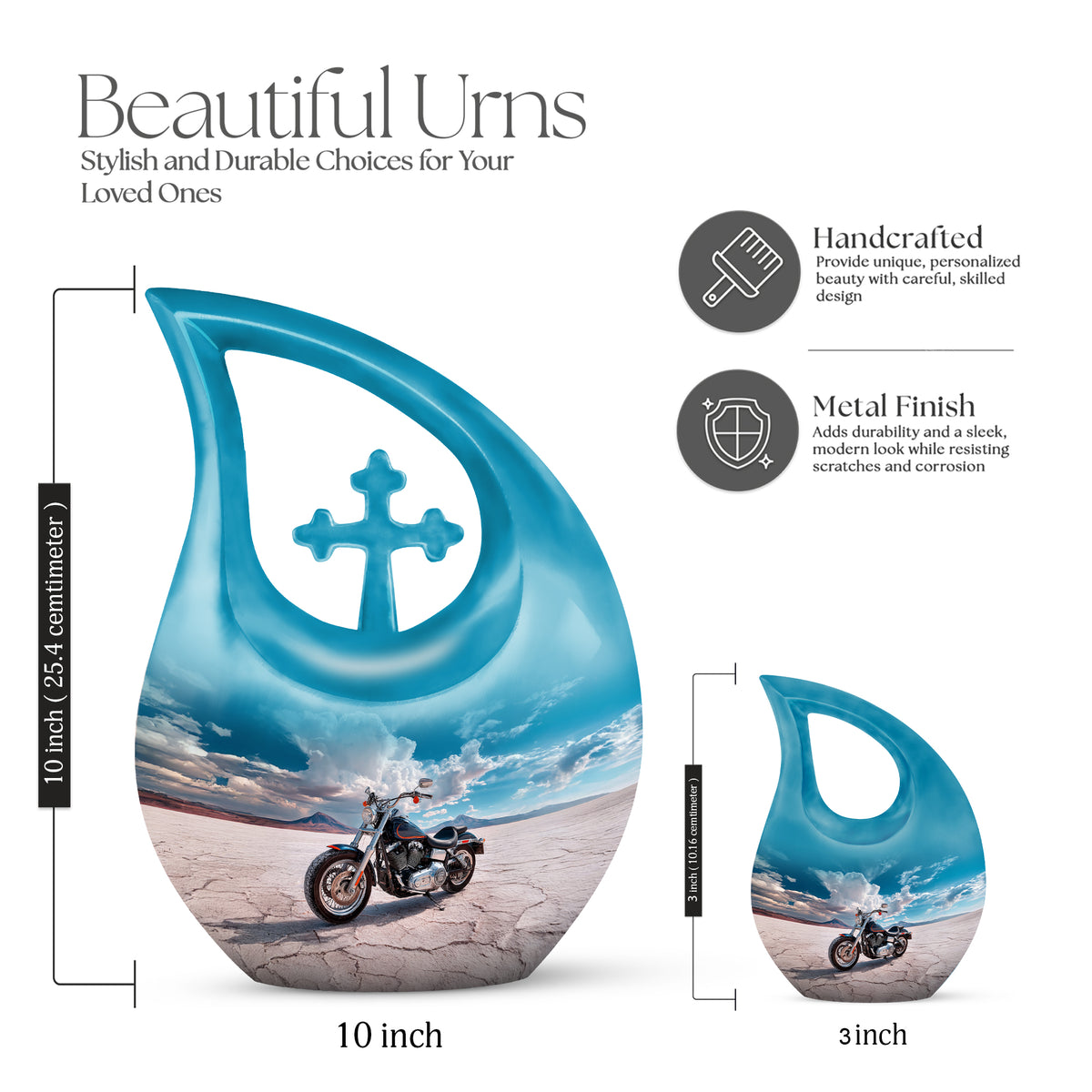 Icy Blue Bike Cremation Urn back view with polished surface - cross and bike combined in spiritual memorial design - mini keepsake memorial for portion of cremation ashes