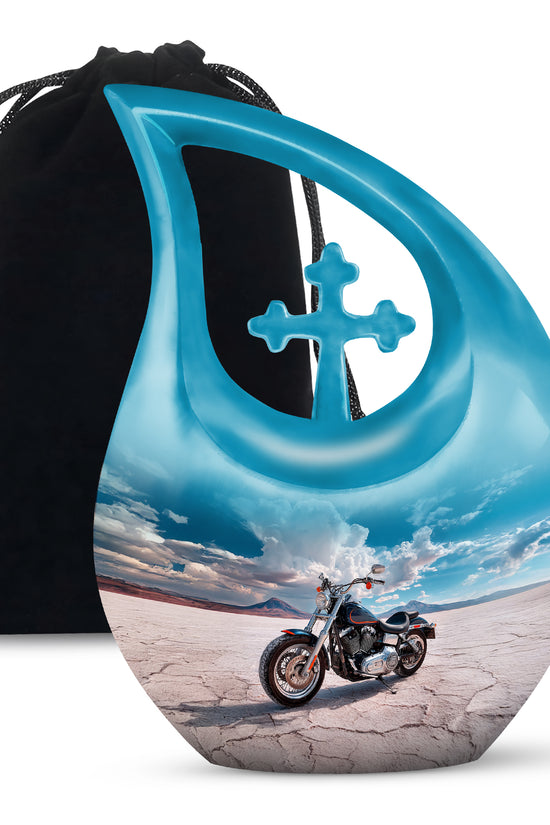 Royal Blue Bike Cremation Urn top-down view of secure threaded lid - devotional cross-drop bike engraving - full-size 10 inch 200 cubic inch adult cremation urn