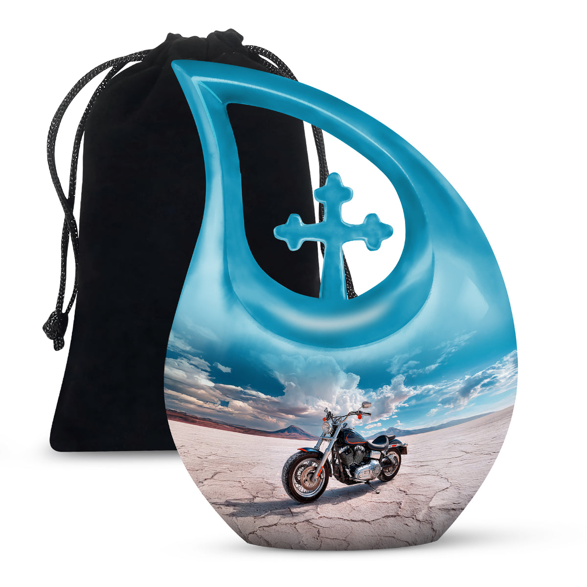 Royal Blue Bike Cremation Urn top-down view of secure threaded lid - devotional cross-drop bike engraving - full-size 10 inch 200 cubic inch adult cremation urn