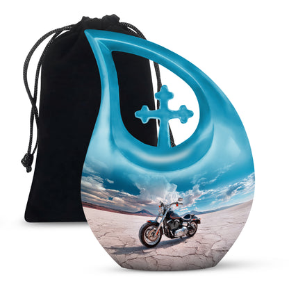 Royal Blue Bike Cremation Urn top-down view of secure threaded lid - devotional cross-drop bike engraving - full-size 10 inch 200 cubic inch adult cremation urn