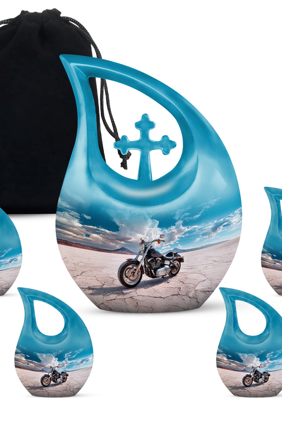 Cornflower Blue Bike Cremation Urn urn with complimentary velvet bag - devotional cross-drop bike engraving - memorial set with one large and four small urns