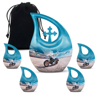 Cornflower Blue Bike Cremation Urn urn with complimentary velvet bag - devotional cross-drop bike engraving - memorial set with one large and four small urns