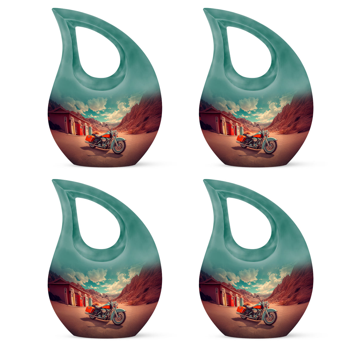 Jewel Teal Bike Cremation Urn lifestyle display on memorial shelf - cross and bike combined in spiritual memorial design - 10 inch aluminum urn for cremated remains