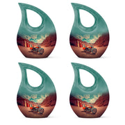 Jewel Teal Bike Cremation Urn lifestyle display on memorial shelf - cross and bike combined in spiritual memorial design - 10 inch aluminum urn for cremated remains