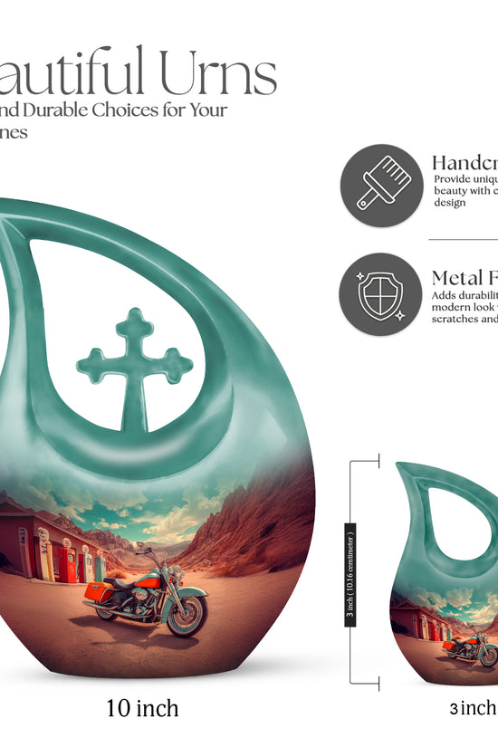 Mystic Teal Bike Cremation Urn back view with polished surface - devotional cross-drop bike engraving - mini keepsake memorial for portion of cremation ashes