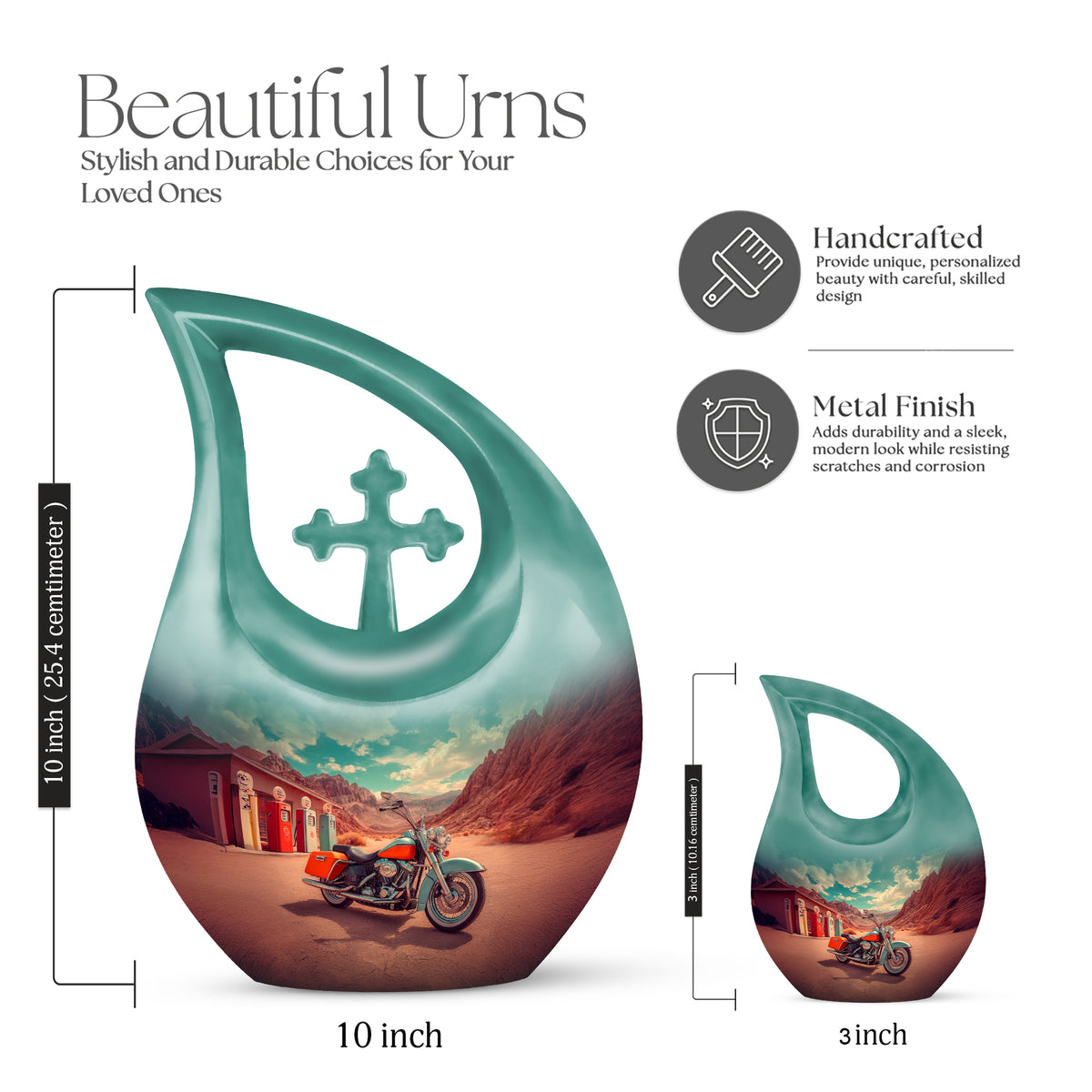 Mystic Teal Bike Cremation Urn back view with polished surface - devotional cross-drop bike engraving - mini keepsake memorial for portion of cremation ashes