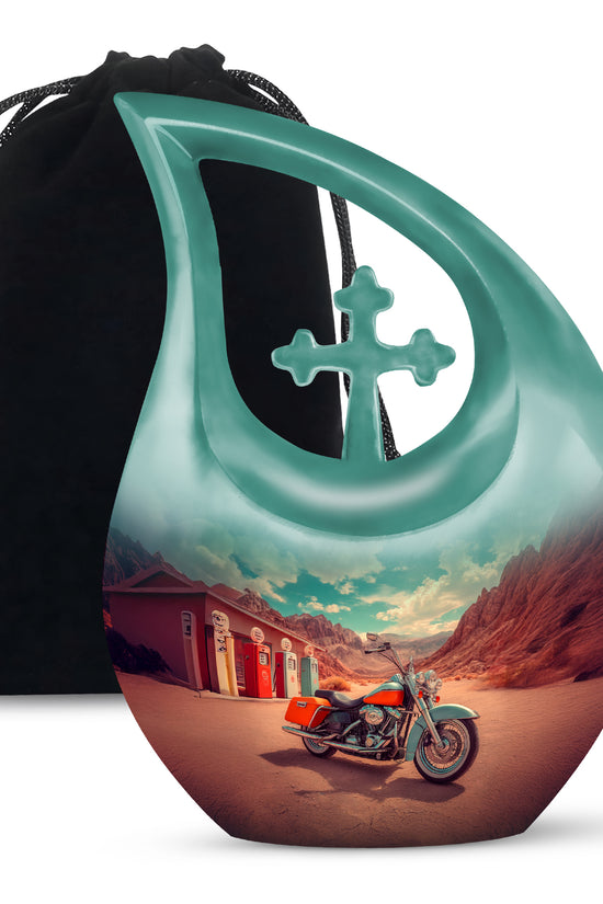 Jewel Teal Bike Cremation Urn top-down view of secure threaded lid - cross and bike combined in spiritual memorial design - full-size 10 inch 200 cubic inch adult cremation urn