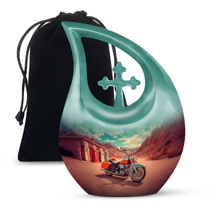 Jewel Teal Bike Cremation Urn top-down view of secure threaded lid - cross and bike combined in spiritual memorial design - full-size 10 inch 200 cubic inch adult cremation urn