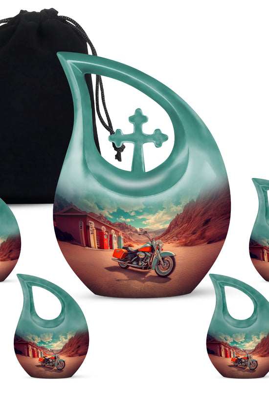 Tropical Teal Bike Cremation Urn urn with complimentary velvet bag - faith-inspired cross-drop urn with bike pattern - memorial set with one large and four small urns