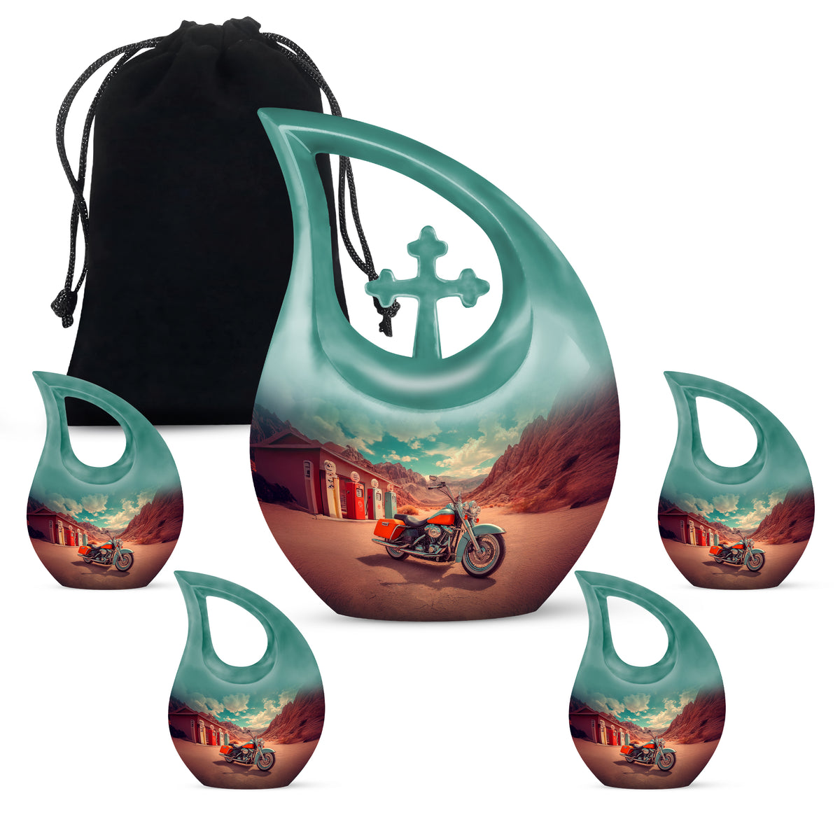 Tropical Teal Bike Cremation Urn urn with complimentary velvet bag - faith-inspired cross-drop urn with bike pattern - memorial set with one large and four small urns