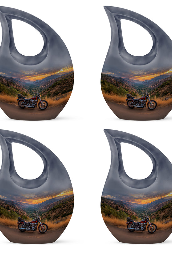 Cornflower Blue Bike Cremation Urn lifestyle display on memorial shelf - devotional cross-drop bike engraving - 10 inch aluminum urn for cremated remains