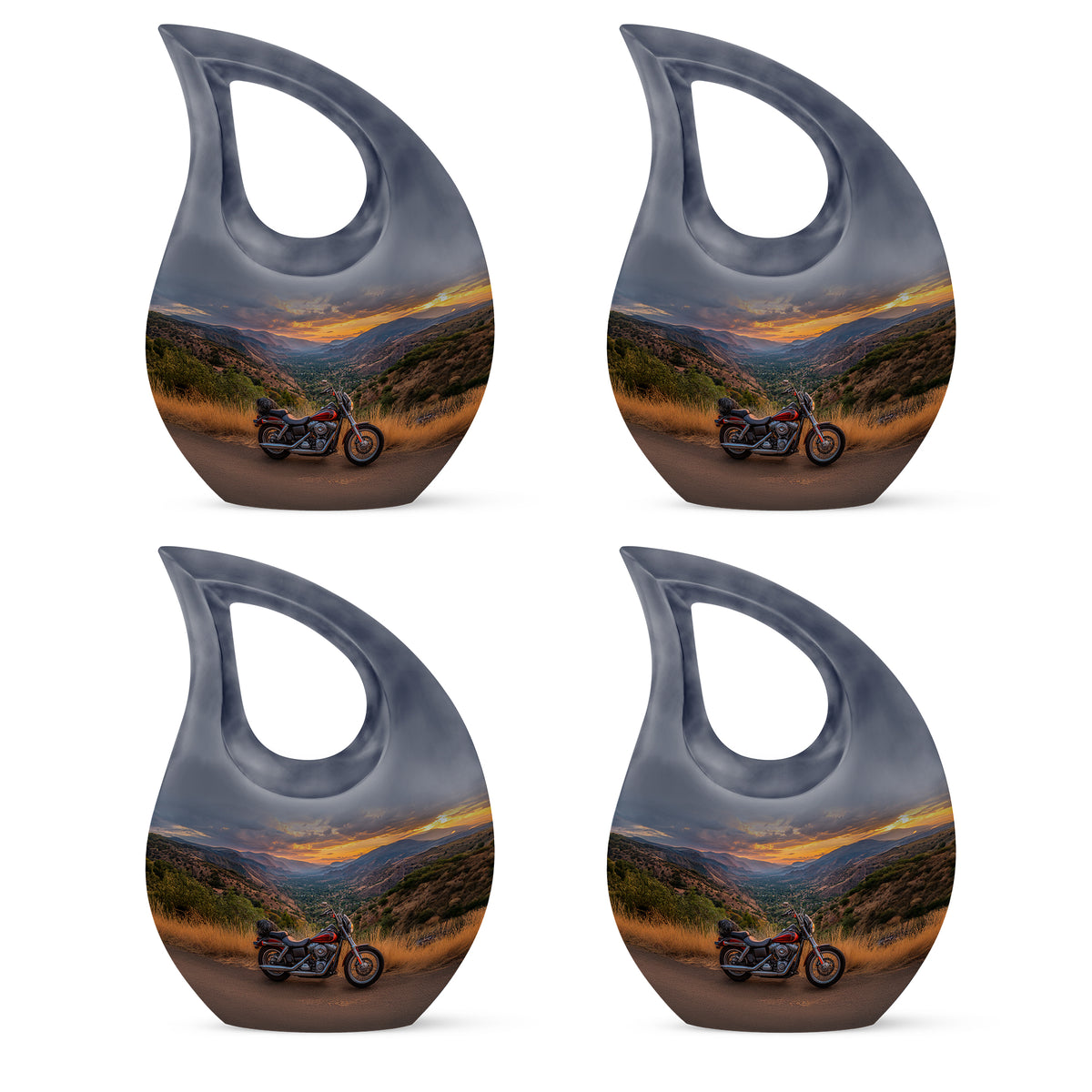 Cornflower Blue Bike Cremation Urn lifestyle display on memorial shelf - devotional cross-drop bike engraving - 10 inch aluminum urn for cremated remains