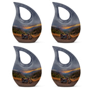 Cornflower Blue Bike Cremation Urn lifestyle display on memorial shelf - devotional cross-drop bike engraving - 10 inch aluminum urn for cremated remains