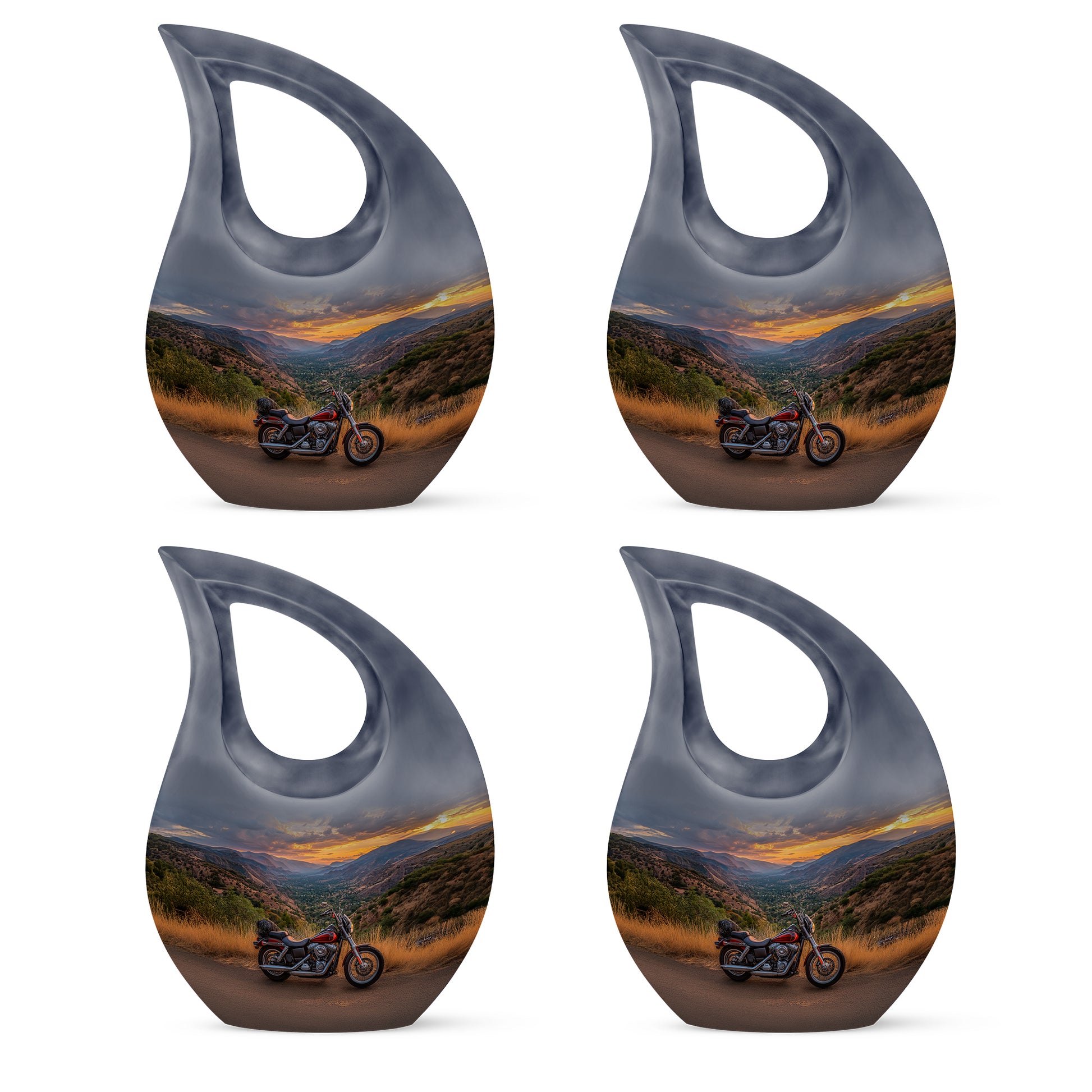 Cornflower Blue Bike Cremation Urn lifestyle display on memorial shelf - devotional cross-drop bike engraving - 10 inch aluminum urn for cremated remains