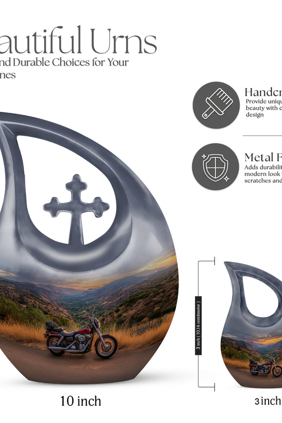 Cornflower Blue Bike Cremation Urn back view with polished surface - devotional cross-drop bike engraving - mini keepsake memorial for portion of cremation ashes