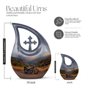 Cornflower Blue Bike Cremation Urn back view with polished surface - devotional cross-drop bike engraving - mini keepsake memorial for portion of cremation ashes