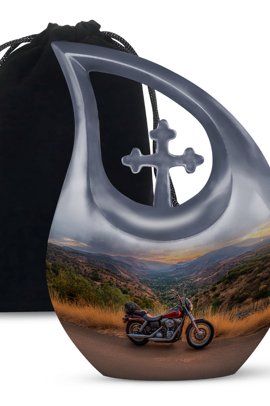 Dusty Blue Bike Cremation Urn top-down view of secure threaded lid - cross and bike combined in spiritual memorial design - full-size 10 inch 200 cubic inch adult cremation urn