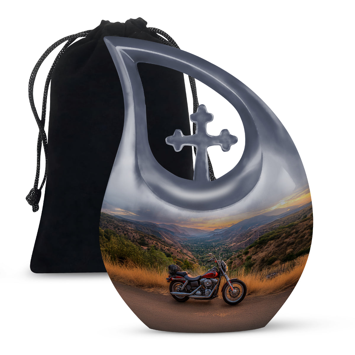 Dusty Blue Bike Cremation Urn top-down view of secure threaded lid - cross and bike combined in spiritual memorial design - full-size 10 inch 200 cubic inch adult cremation urn