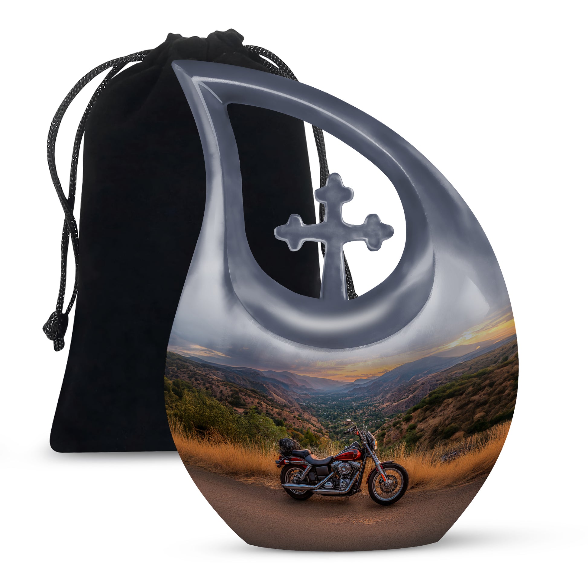 Dusty Blue Bike Cremation Urn top-down view of secure threaded lid - cross and bike combined in spiritual memorial design - full-size 10 inch 200 cubic inch adult cremation urn