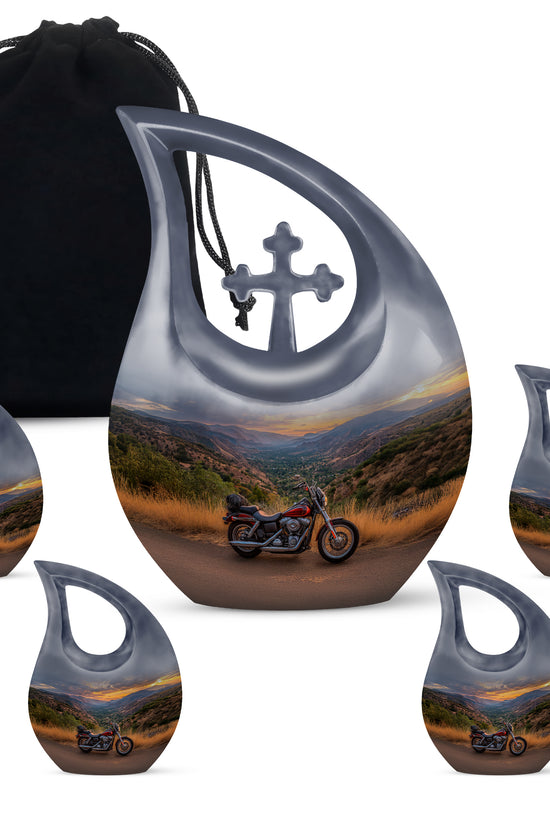 Bright Blue Bike Cremation Urn urn with complimentary velvet bag - devotional cross-drop bike engraving - memorial set with one large and four small urns
