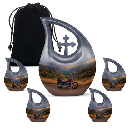 Bright Blue Bike Cremation Urn urn with complimentary velvet bag - devotional cross-drop bike engraving - memorial set with one large and four small urns