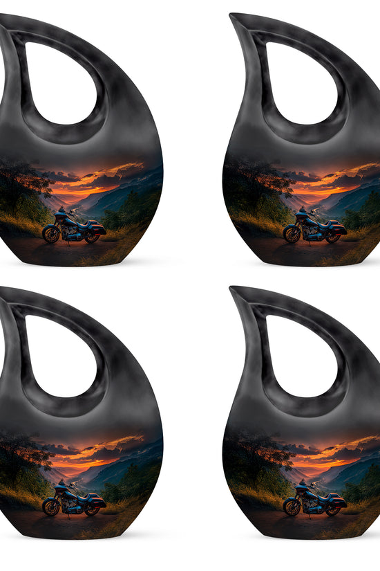 Cobalt Blue Bike Cremation Urn lifestyle display on memorial shelf - faith-inspired cross-drop urn with bike pattern - 10 inch aluminum urn for cremated remains