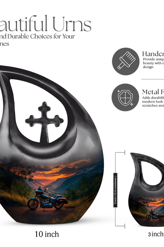 Indigo Bike Cremation Urn back view with polished surface - sacred cross merged with bike motif on metal - mini keepsake memorial for portion of cremation ashes