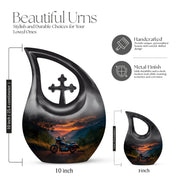 Indigo Bike Cremation Urn back view with polished surface - sacred cross merged with bike motif on metal - mini keepsake memorial for portion of cremation ashes
