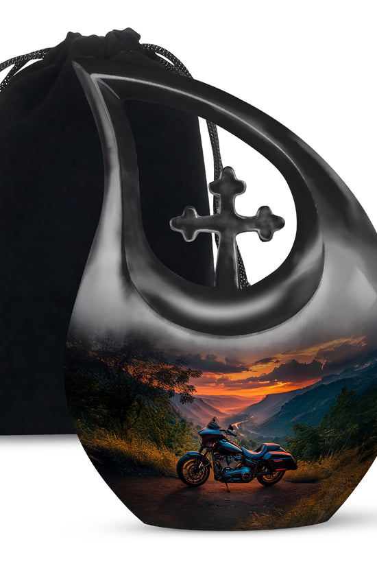 Calming Blue Bike Cremation Urn top-down view of secure threaded lid - devotional cross-drop bike engraving - full-size 10 inch 200 cubic inch adult cremation urn
