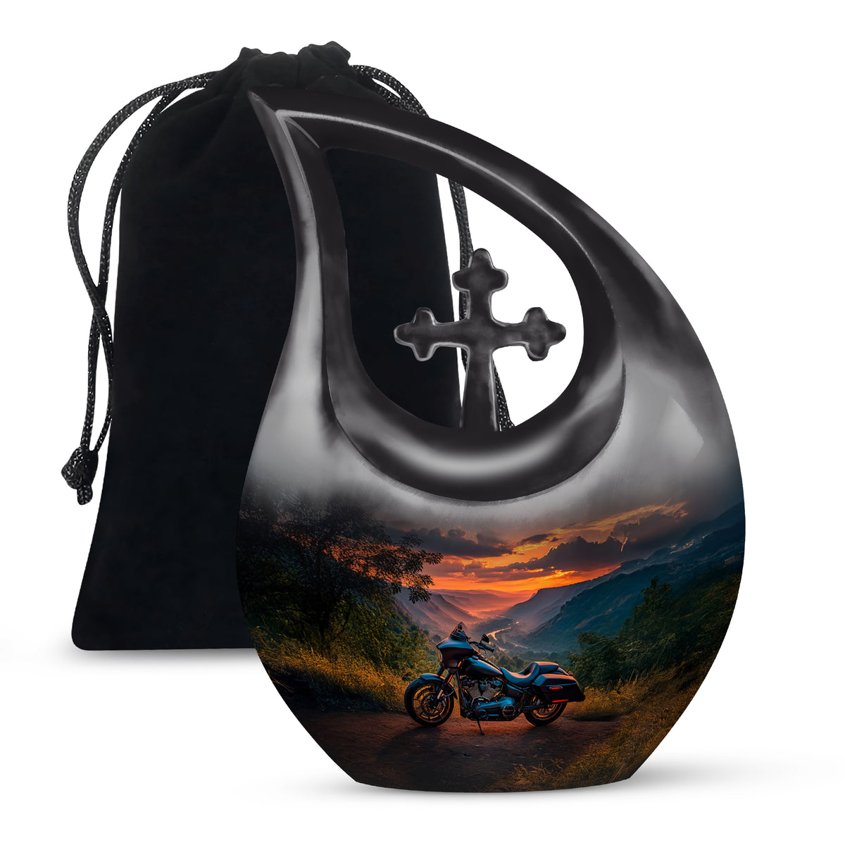 Calming Blue Bike Cremation Urn top-down view of secure threaded lid - devotional cross-drop bike engraving - full-size 10 inch 200 cubic inch adult cremation urn