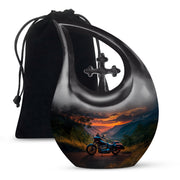 Calming Blue Bike Cremation Urn top-down view of secure threaded lid - devotional cross-drop bike engraving - full-size 10 inch 200 cubic inch adult cremation urn